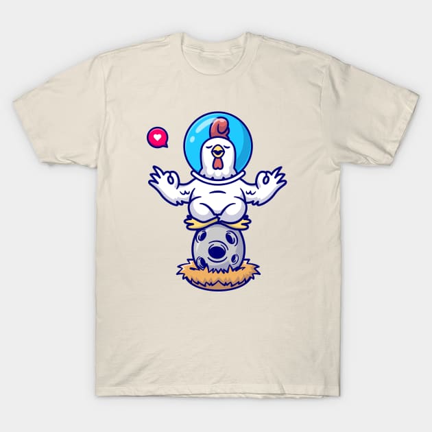 Cute Chicken Astronaut Meditation On Egg Moon Cartoon T-Shirt by Catalyst Labs